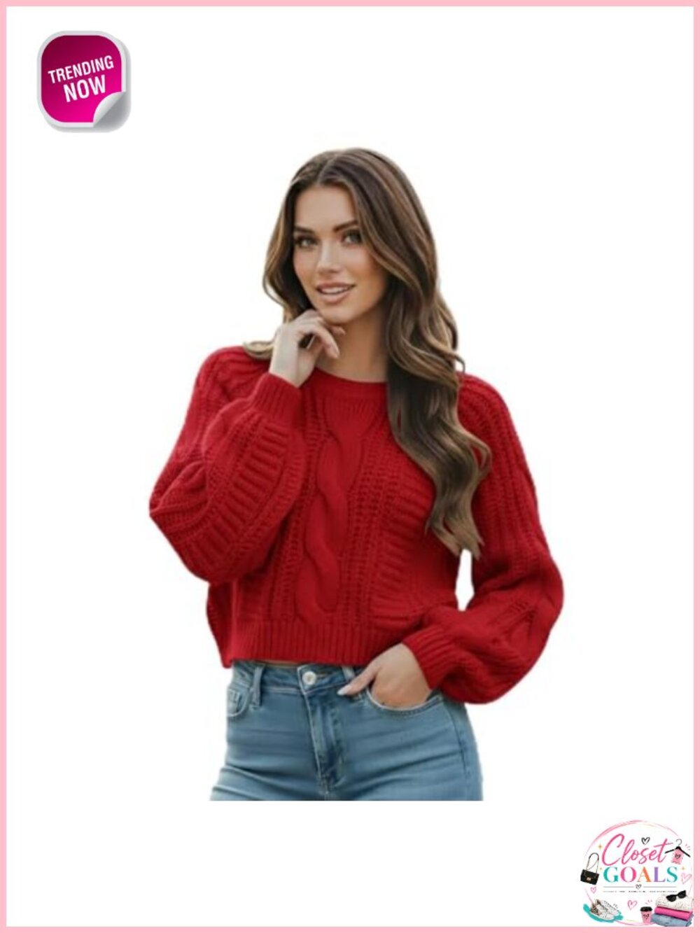 Cropped Cable Knit Sweater Long Sleeve Crewneck Pullover Casual Fall Winter
